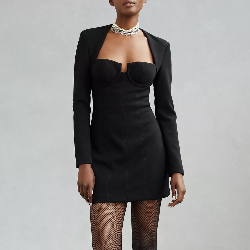 Misha Collection Paulita Bonded Crepe Mini Dress Black Bustier Queen Anne 10 US